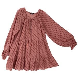 NWOT AAKAA Dress L Pink/Brown Swiss-Dot-Fluffy A-Line Bow-Tassel Balloon-Long-Sl